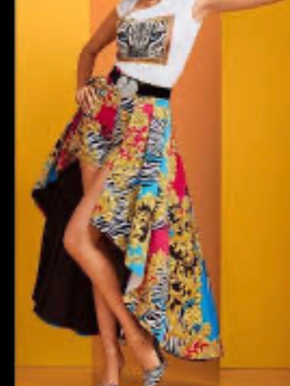 Colorblock Baroque High-Low Skirt in Yellow, Blue & Pink